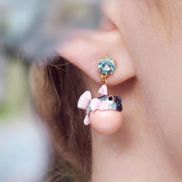 Les NEREIDES Boxfish And Light Blue Faceted Crystal Stone Pendant Sleeper Earrin - Picture 4 of 4